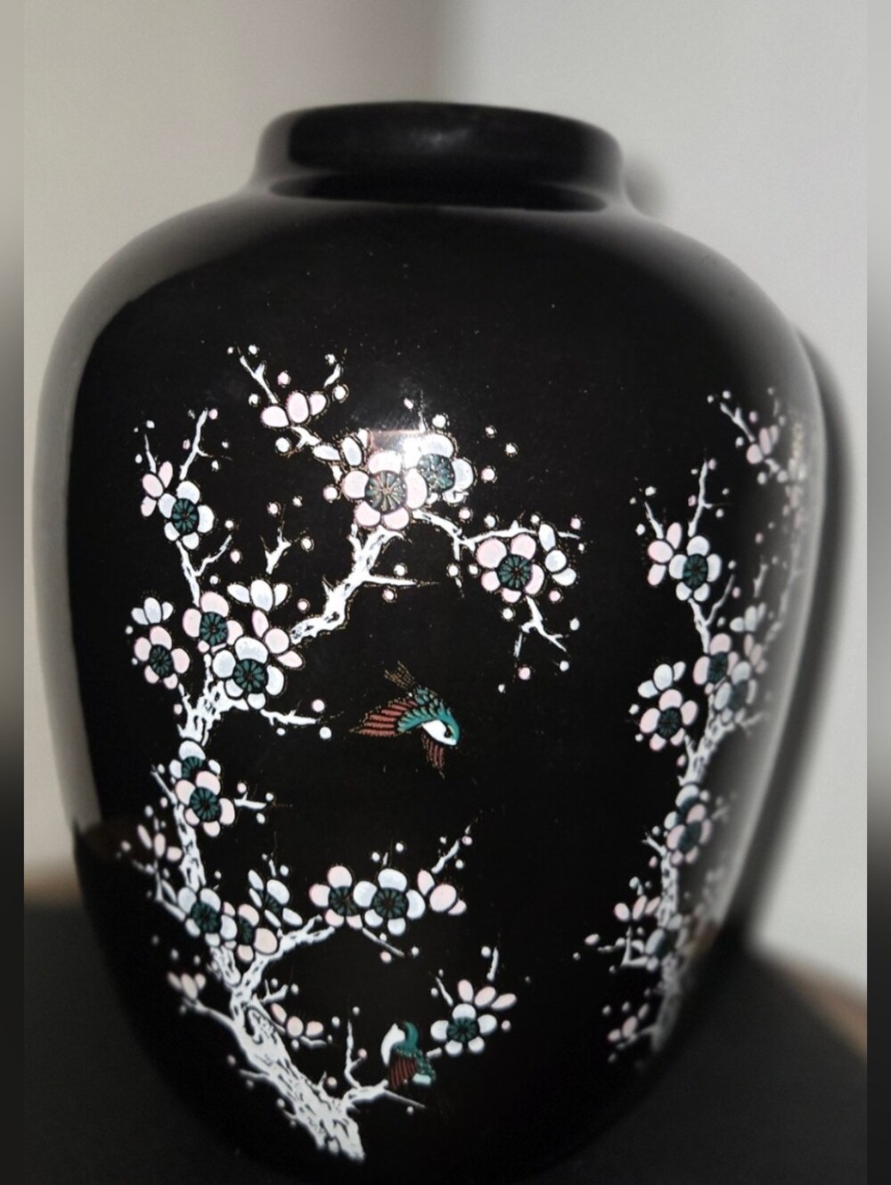 Black Floral Cloisonné Vase with Teal & Pink Bird Motif